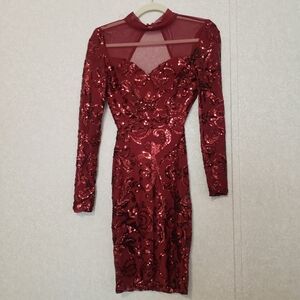 NEW...DARK RED...LONG SLEEVE OPEN BACK..DRESS....SIZE:S